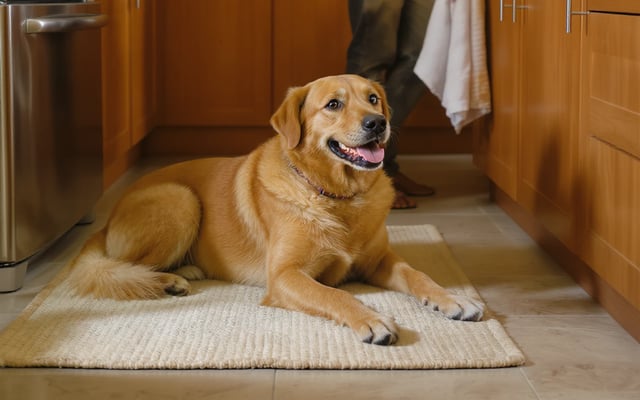 A calm dog resting on a mat away from a food preparation counter in an Indian kitchen.