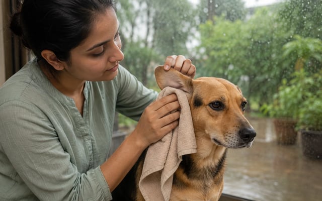 An Indian pet parent gently towel-dries the outside of a dog's ear beside a rain-speckled window during the monsoon.