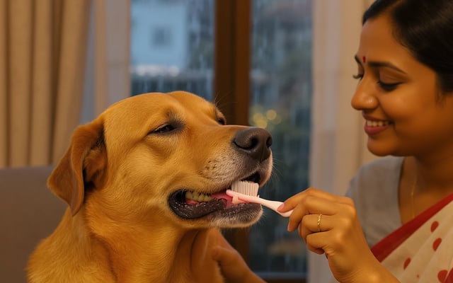 An Indian pet parent gently brushing a relaxed dog's teeth during a calm evening at home.