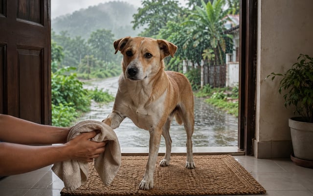 An Indian pariah dog has its wet paw dried with a towel beside a rain-soaked Guwahati doorway.