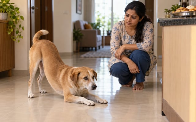 A concerned pet parent watches a dog holding a tense chest-down, hindquarters-raised posture in an Indian home after a festive meal.