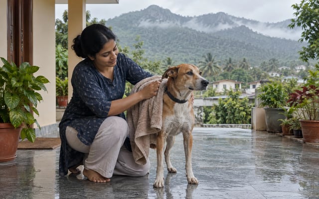 An Indian pet parent towel-dries a wet Indie dog on a Tirupati veranda as monsoon clouds hang over the green Seshachalam Hills.