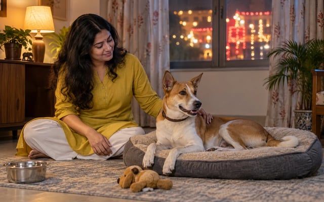 An Indian pet parent comforts an indie dog resting safely indoors while Durga Puja lights glow outside a Kolkata home.