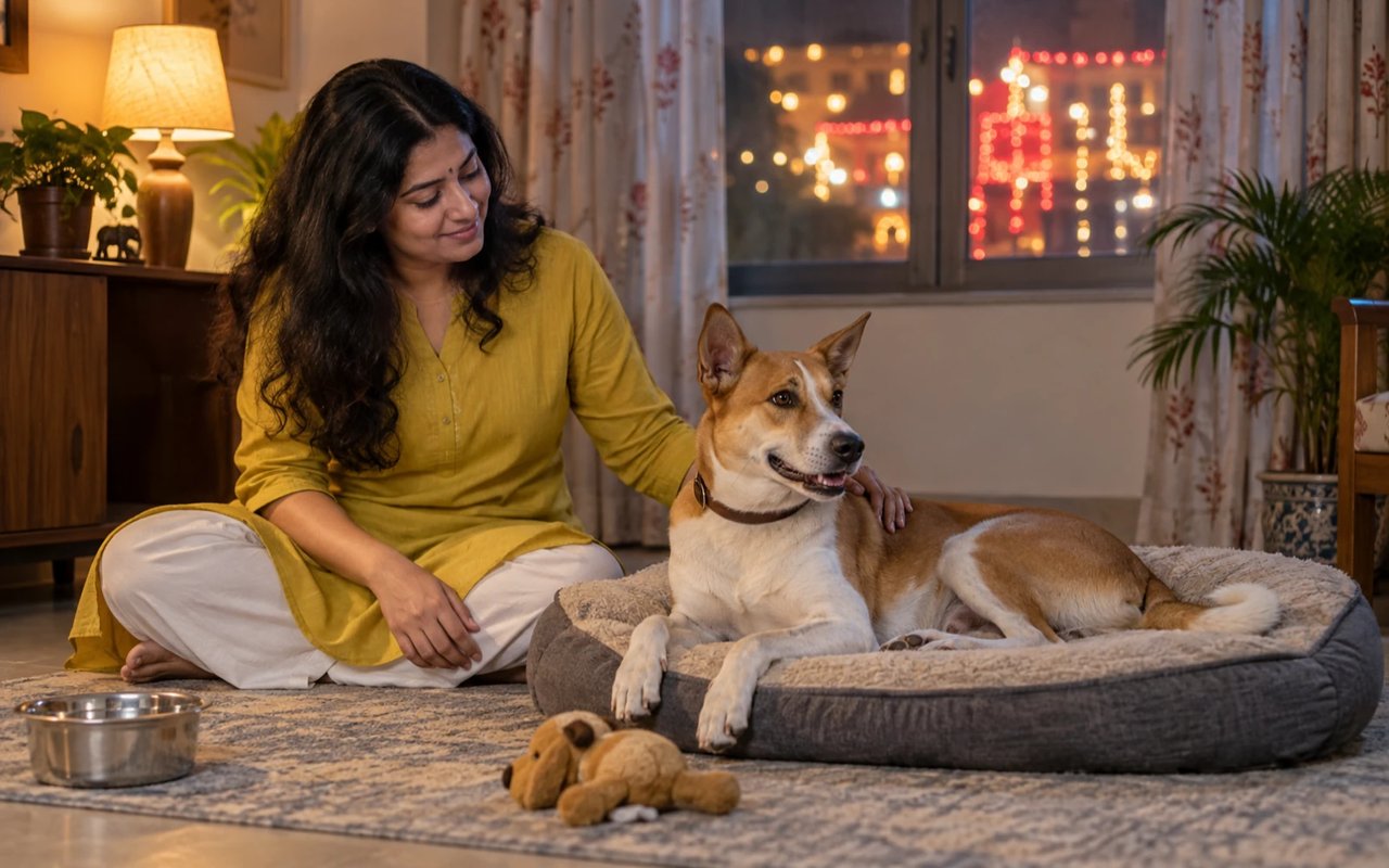 An Indian pet parent comforts an indie dog resting safely indoors while Durga Puja lights glow outside a Kolkata home.