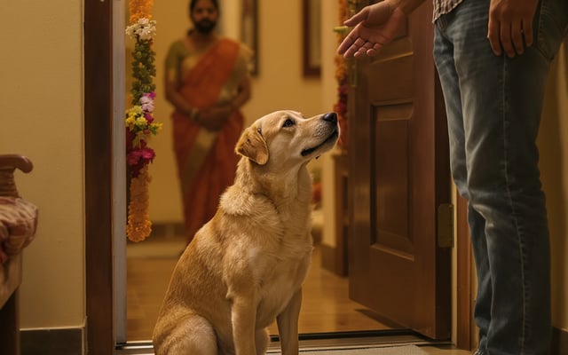 A dog calmly waiting inside an open decorated doorway while its owner gives a gentle stay signal.