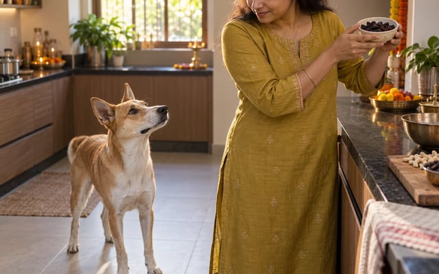 An Indian pet parent holds a bowl of raisins safely out of reach of an attentive dog in a festival kitchen.