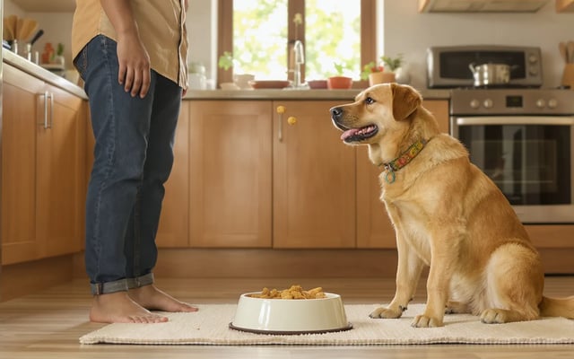 An Indian pet parent calmly using treats to build trust with a relaxed dog beside its food bowl.