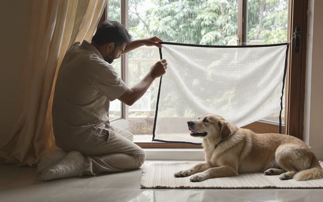 An Indian pet parent fitting a mosquito mesh screen while a relaxed dog rests safely indoors during monsoon.
