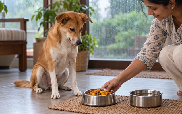 An Indian pet parent serves a small meal with pumpkin and carrot beside fresh water for an Indie dog while monsoon rain falls outside.