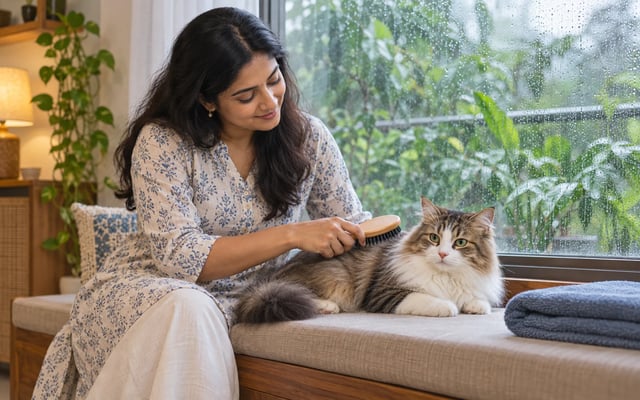 An Indian pet parent gently brushes a calm long-haired cat beside a rain-streaked window during monsoon season.