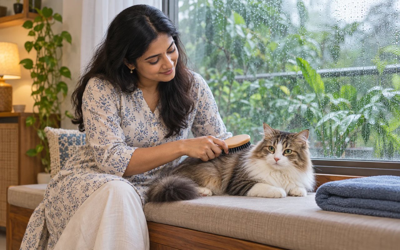 An Indian pet parent gently brushes a calm long-haired cat beside a rain-streaked window during monsoon season.