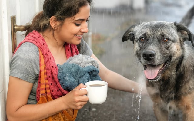 A realistic editorial pet-care scene illustrating How Often Should You Bathe Your Dog in the Monsoon?.