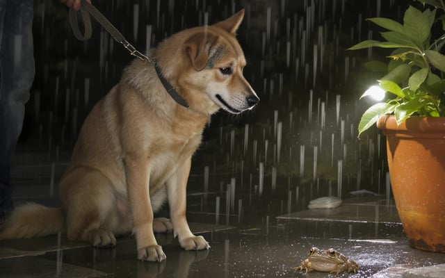 A leashed dog being kept safely away from a toad in a rain-soaked Indian garden at night.