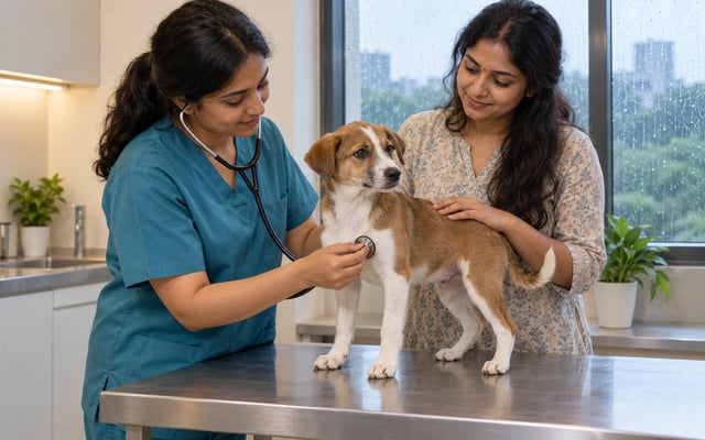 An Indian veterinarian examines an alert brown-and-white Indie puppy with a stethoscope while its pet parent reassures it beside a rain-streaked window.