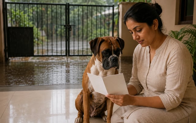 An Indian pet owner checks a dog's rabies vaccination record while a calm boxer sits beside a rain-wet home gate.
