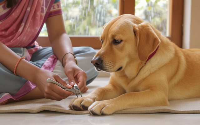 A woman calmly prepares to trim a yellow Labrador's front nail at home beside a rain-speckled window.