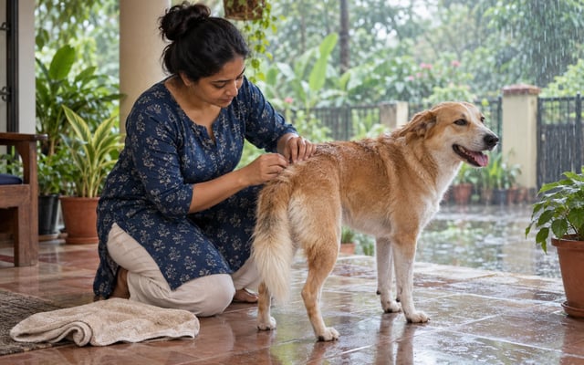 An Indian pet parent parts a rain-damp dog's fur to check its skin on a covered veranda during the monsoon.