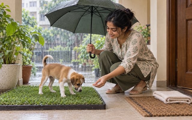 An Indian pet parent rewards a tan-and-white Indie puppy on a sheltered grass potty patch while holding an umbrella during monsoon rain.