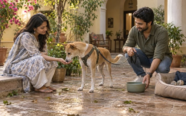 A Lucknow couple welcoming a tan-and-white Indie dog in a leafy home courtyard