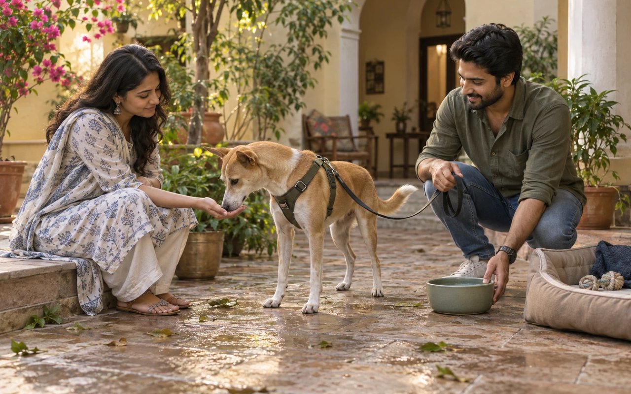 A Lucknow couple welcoming a tan-and-white Indie dog in a leafy home courtyard