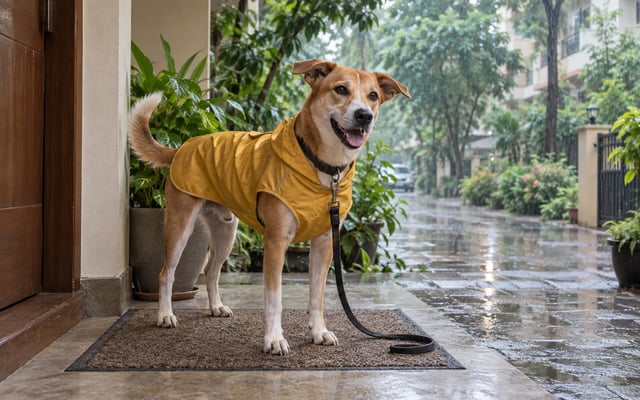 A tan-and-white Indie dog in a mustard raincoat waits on a covered Bengaluru doorstep while monsoon rain falls across the leafy lane.