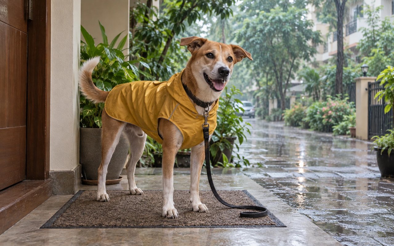 A tan-and-white Indie dog in a mustard raincoat waits on a covered Bengaluru doorstep while monsoon rain falls across the leafy lane.