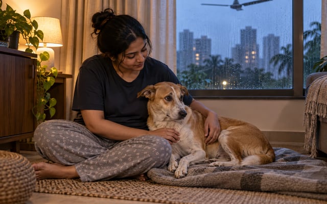 An Indian pet parent calmly comforts an anxious Indie dog beside a rain-streaked window during a Mumbai monsoon storm.