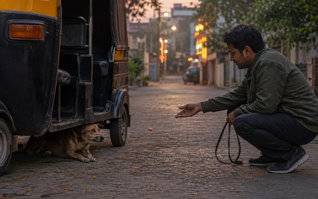 A dog owner calmly offers food to a frightened Indie dog sheltering beneath a parked auto-rickshaw at dawn after a festival night in India.