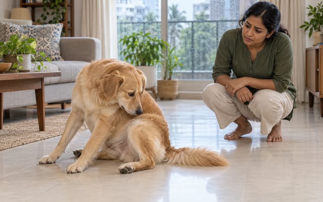 A concerned pet parent watches her dog pause in a scooting posture and look toward its hindquarters on a tiled floor.