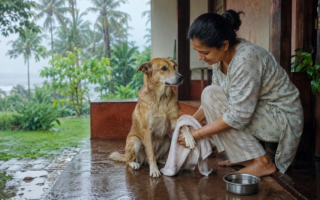 A pet parent dries an Indie dog's wet paw at a rain-soaked tropical home in Thiruvananthapuram.