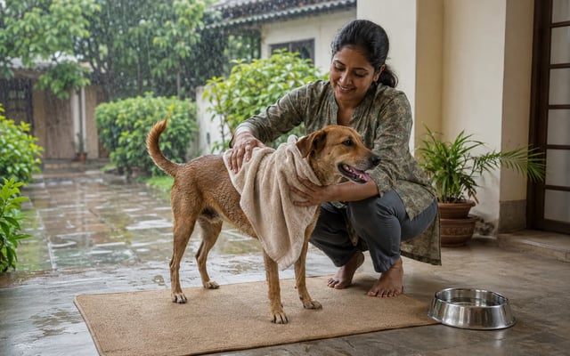 An Indian resident towel-dries a brown Indie dog in a sheltered Lucknow courtyard after a monsoon walk.