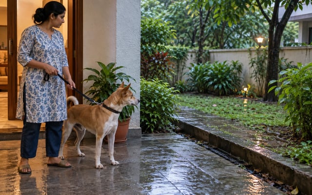 An Indian pet parent holds an Indie dog on a short leash at a sheltered doorway while a small snake moves through the rain-wet garden at a safe distance.