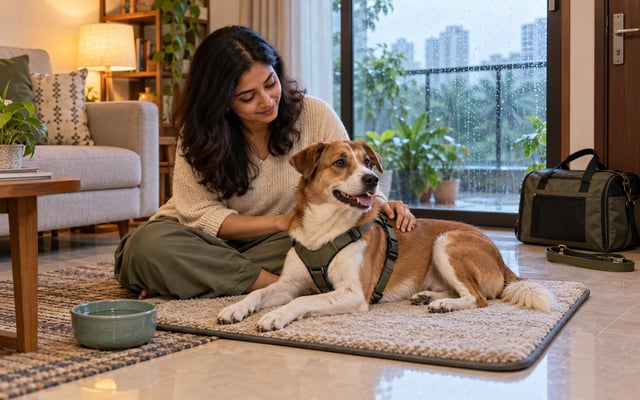 An Indian pet parent comforts her dog in a harness beside fresh water and a rain-streaked window after a monsoon boarding stay.