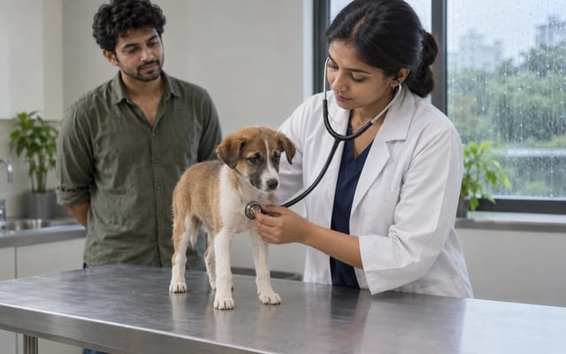 An Indian veterinarian gently examines an Indie puppy as its owner watches during monsoon rain.