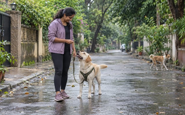 An Indian pet parent rewards a Labrador for checking in on a loose leash as an Indie dog passes at a safe distance on a rain-wet residential lane.