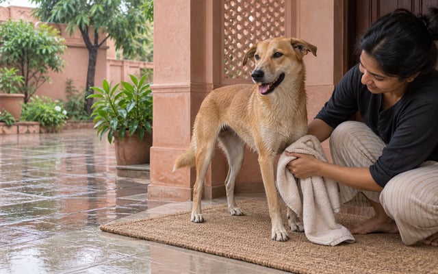 An Indian pet parent towel-dries a wet Indie dog on a sheltered mat in a pink Jaipur courtyard after monsoon rain.