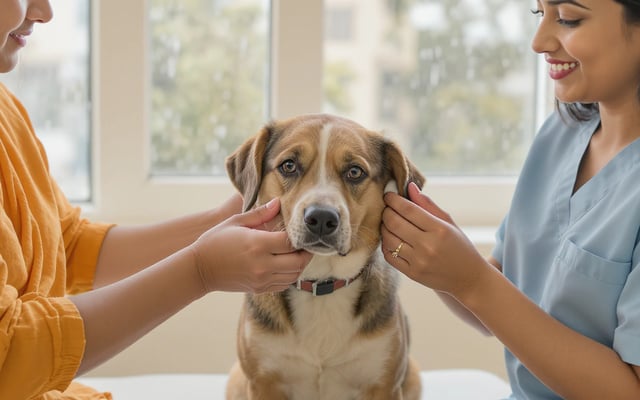 A veterinarian gently checks a dog's ear flaps while its owner offers reassurance beside a rain-speckled window.
