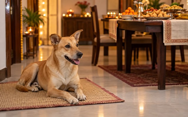 A healthy Indian dog resting on its mat safely away from rich festival food on a family dining table.