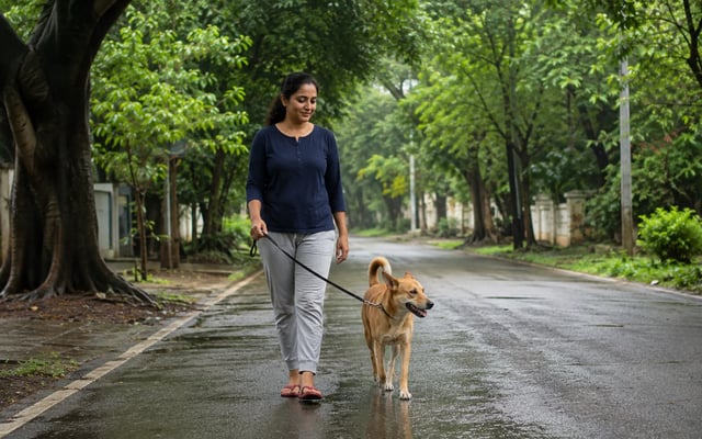 A Mysore pet parent walks an Indie dog along a lush avenue after gentle monsoon rain.