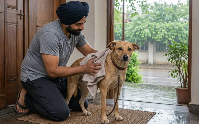 A Ludhiana pet parent dries a wet Indian pariah dog with a towel at the doorway during monsoon rain.