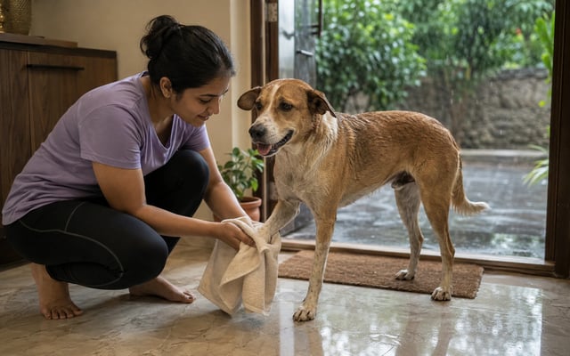 An Indian pet parent towel-dries an Indie dog’s paw at home after a rainy monsoon walk in Hyderabad.
