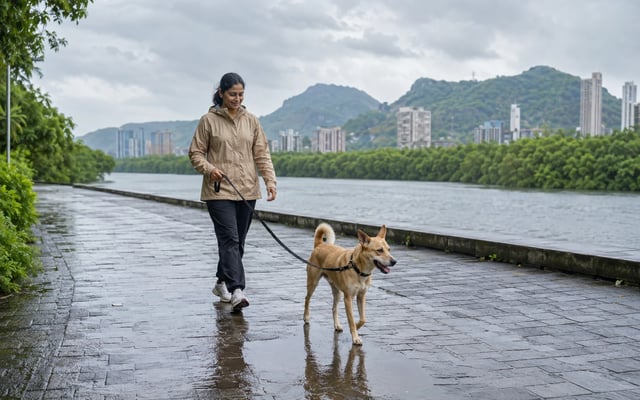 A pet parent walks an Indie dog along a rain-washed creekside promenade in Navi Mumbai.