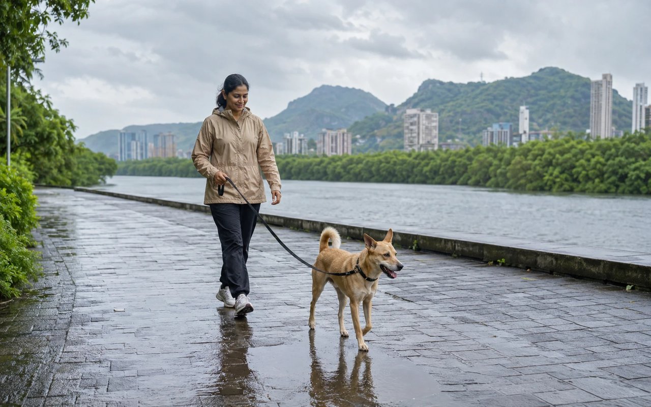 A pet parent walks an Indie dog along a rain-washed creekside promenade in Navi Mumbai.