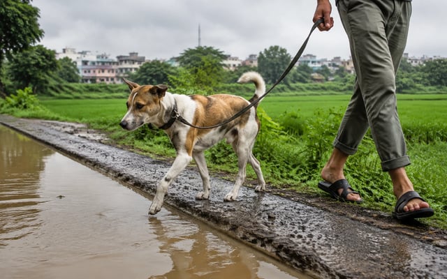 An Indian pariah dog walks along a raised path to avoid a muddy monsoon puddle beside Raipur's green fields.