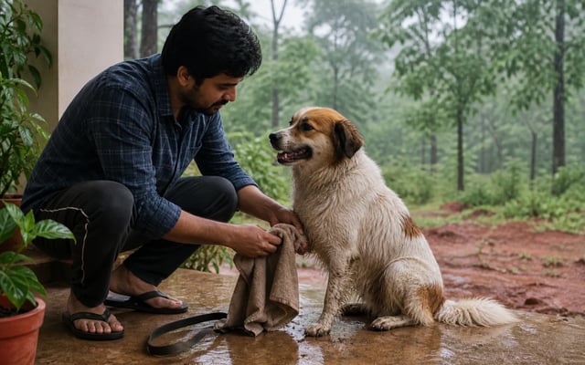 A Ranchi pet parent dries a dog's muddy paw on a sheltered veranda as monsoon rain falls over sal trees and red plateau soil.