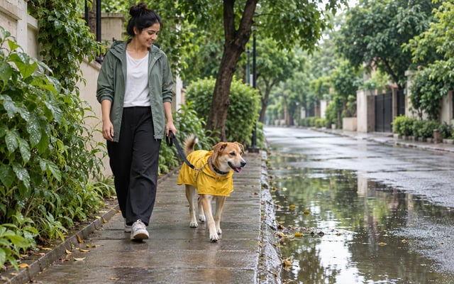 An Indian pet parent walks an Indie dog in a yellow raincoat along a raised Delhi path beside a waterlogged monsoon street.