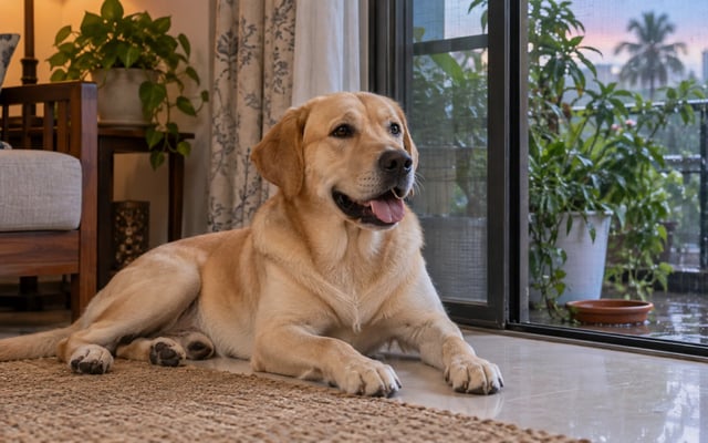 A Labrador rests beside a screened balcony after monsoon rain, illustrating mosquito-season heartworm risk for dogs in India.