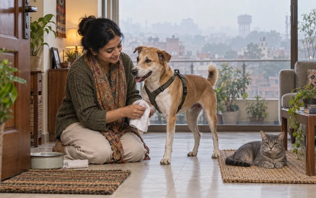 A Kanpur pet parent wiping her Indie dog's paw indoors while a cat rests nearby and winter haze hangs beyond the window