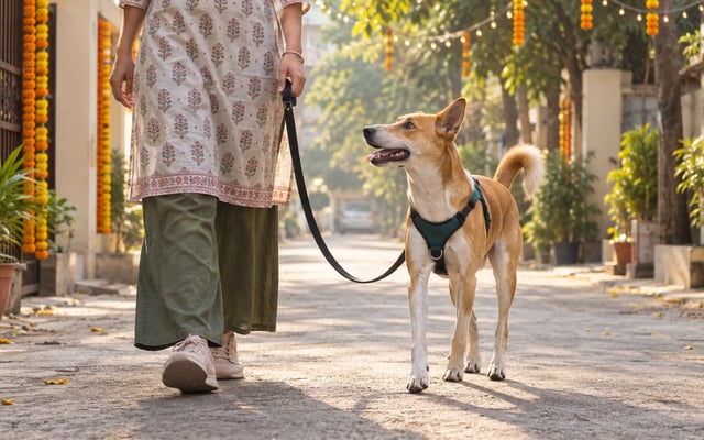 An Indie dog walks calmly on a slack leash beside a caregiver on a marigold-decorated Indian lane.