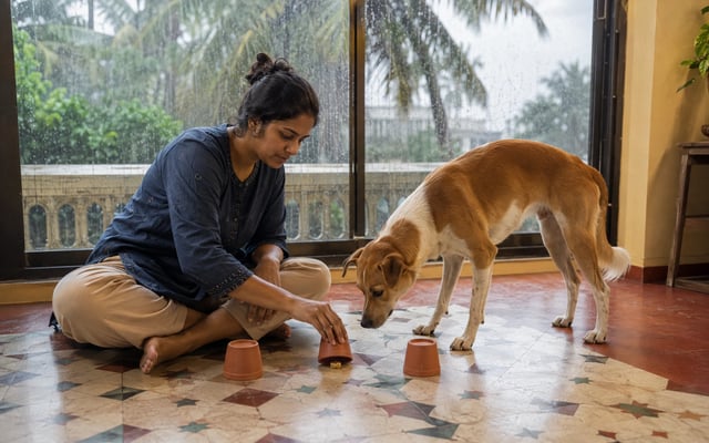 An Indian pet parent guides an Indie dog through a three-cup scent game indoors while heavy monsoon rain falls outside in Chennai.